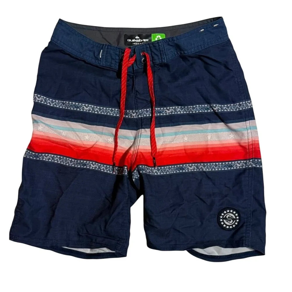 Quiksilver Highline Boys Board Shorts Navy Blue Striped Swim Trunks Size 26